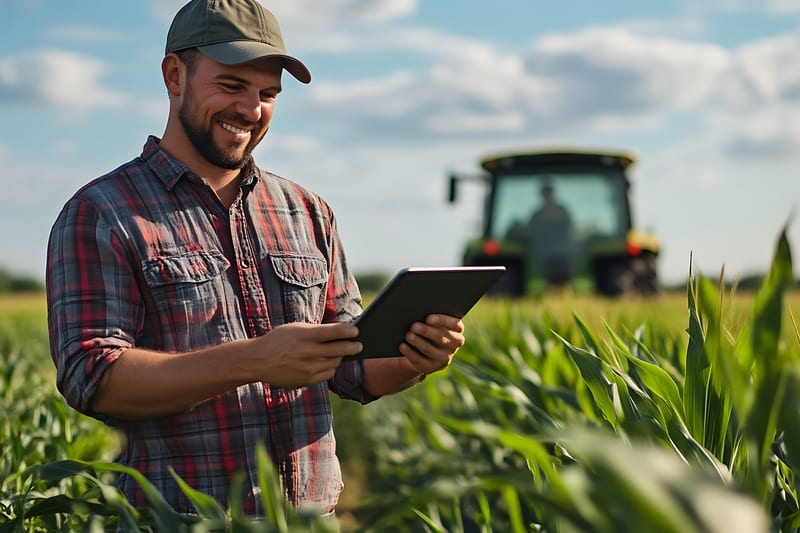 A importância da contabilidade especializada no agro — Imagem de um contador rural na plantação e o agricultor com seu trator