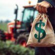 Gestão financeira no agronegócio - Imagem de gestor financeiro no campo com saco de dinheiro e trator agrícola