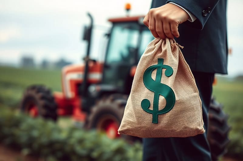 Gestão financeira no agronegócio - Imagem de gestor financeiro no campo com saco de dinheiro e trator agrícola