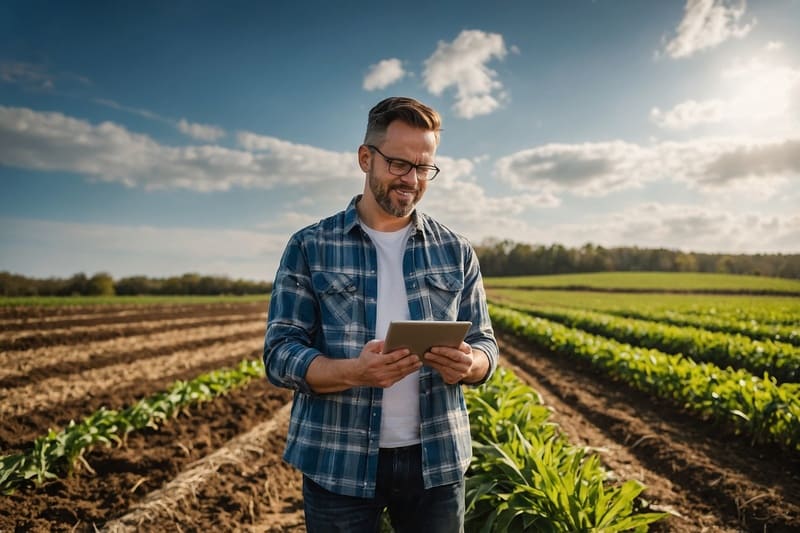A importância do planejamento tributário para o agronegócio - Imagem de produtor rural com tablet, feliz por economizar imposto na sua fazenda