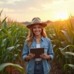 CNPJ para produtor rural pessoa física - Imagem de agricultora com tablet em plantação de milho feliz em abrir empresa no agronegócio