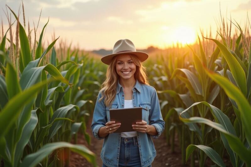 CNPJ para produtor rural pessoa física - Imagem de agricultora com tablet em plantação de milho feliz em abrir empresa no agronegócio