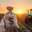 Financiamento rural - Imagem de saco de dinheiro com sinal de Reais em campo agrícola simbolizando empréstimos agrícolas