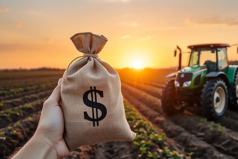 Financiamento rural - Imagem de saco de dinheiro com sinal de Reais em campo agrícola simbolizando empréstimos agrícolas