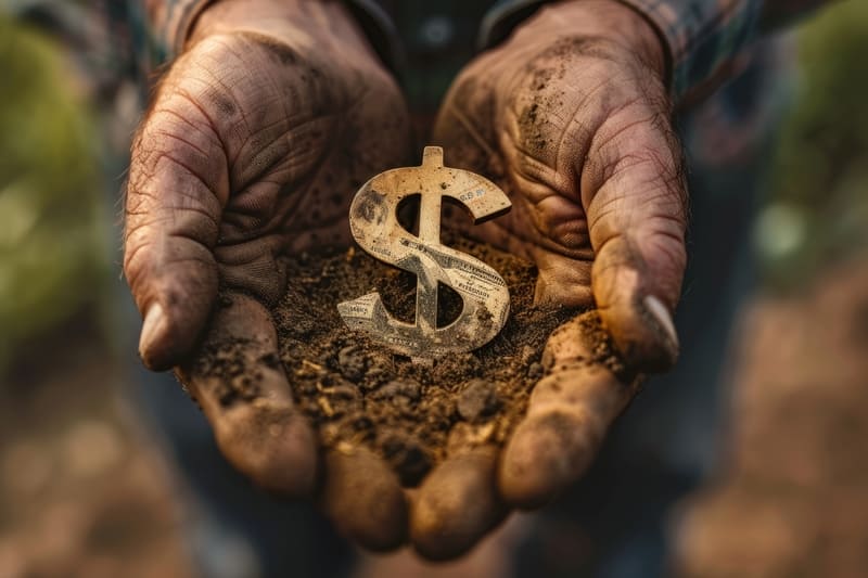 Tributação na atividade rural - Imagem de agricultor com as mãos cheia de terra e um sifrão $